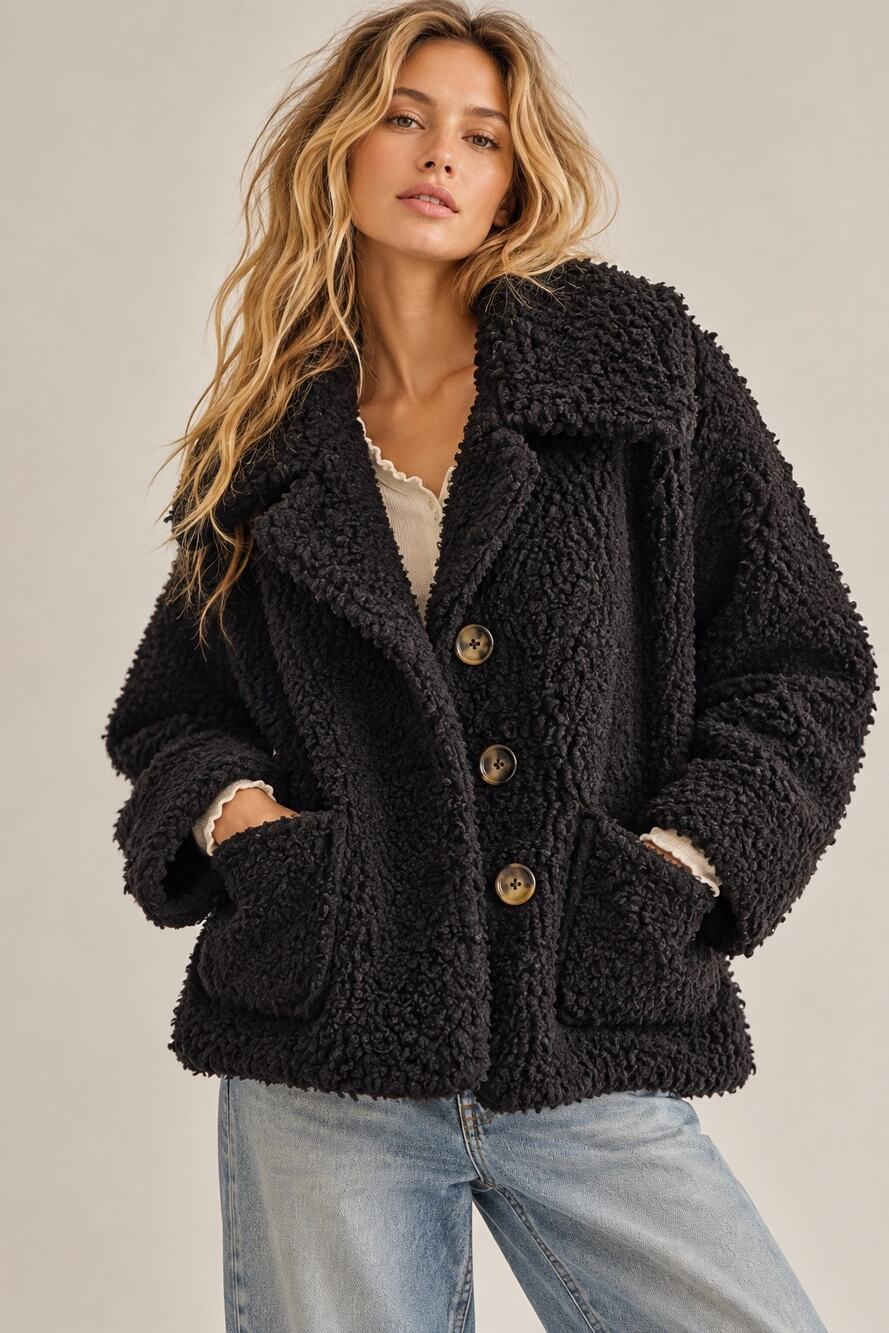Free People So Soft Faux Shearling Peacoat Coat Black XS